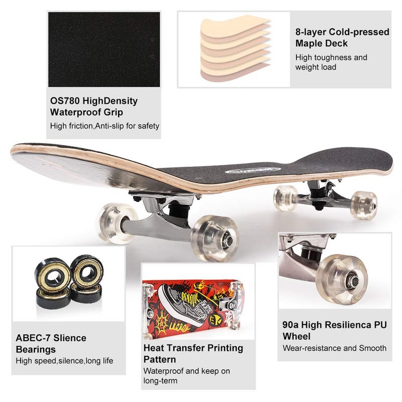Chrome Wheels ChromeWheels 31 inch Skateboard Double Kick Skate Board Cruiser Longboard 8 Layer Maple Deck Skateboards for Kids and Beginners - Image 4